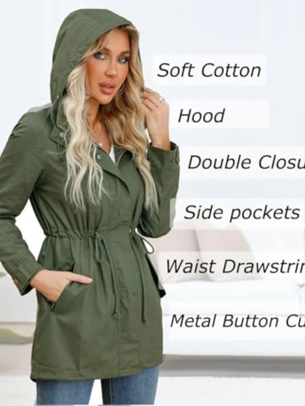 ๐ Women's Ligtweight Jackets Anorak Utility Drawstring Waist Hoodie Zip Up - Picture 3 of 5